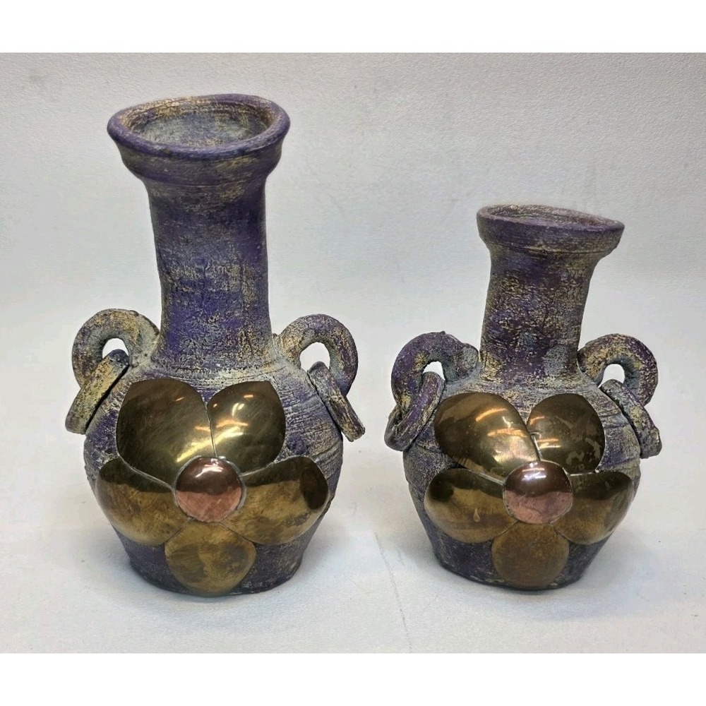 2 Vintage Mexican Terracotta Pottery Collectible Vases With Flower 7" & 6"